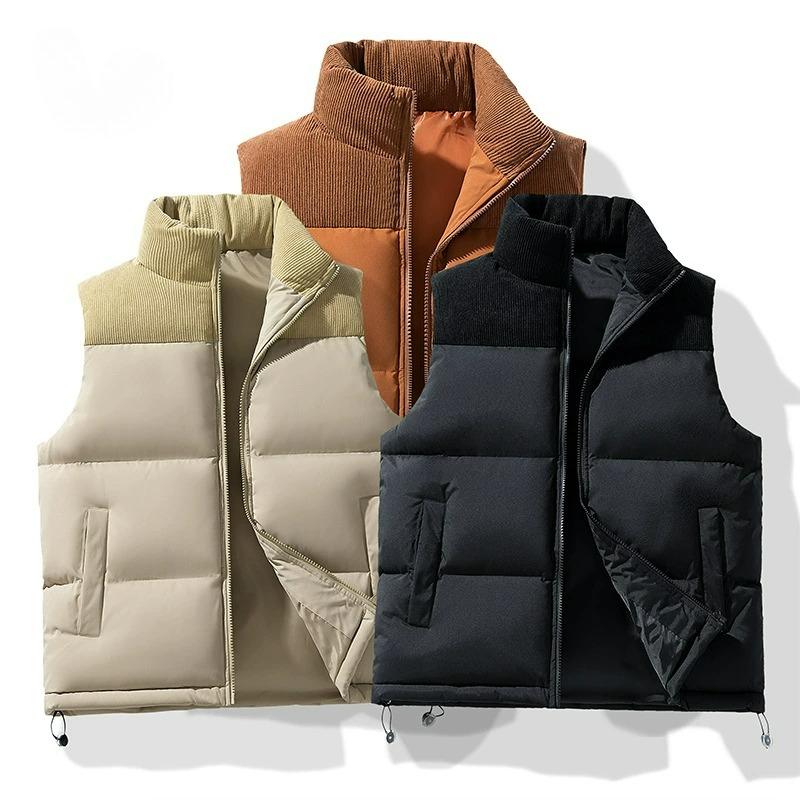 Down Cotton Vest Men's Autumn and Winter Trend Corduroy Color Matching Vest Thickened Warm Casual Sleeveless Jacket Men