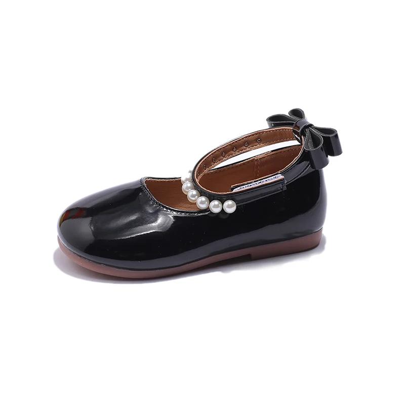 

New Girls Moccasin Shoes Round-toe Cute Children Fashion Mary Janes for Party Wedding Shows PU Pearls Back Bow Non-slip PU 25