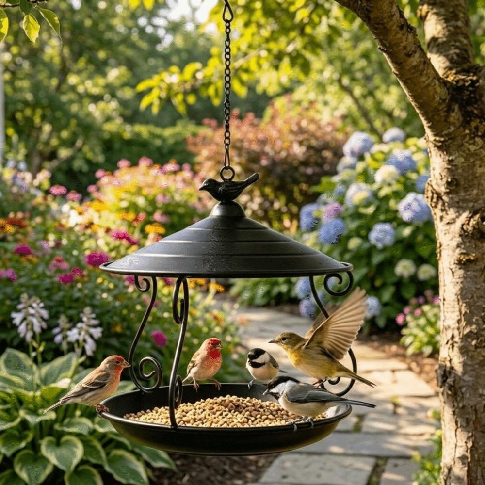 Multi-purpose Large Capacity Iron Bird Feeder Rainproof Windproof Hanging Bird Feeder Rustproof Bird Feeding Station Courtyard