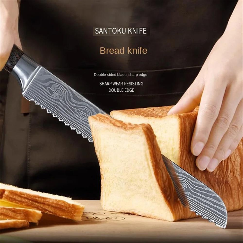 Profesional Bread Knife Kitchen Damascus Pattern Serrated Chef Slicing Food Knife Bread Cheese Cake Knife Kitchen Knife Tools