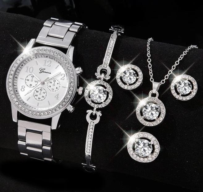 

Трехстрелочные часы с бриллиантовым ремешком из легированной стали Женский кварцевый набор часов Geneva