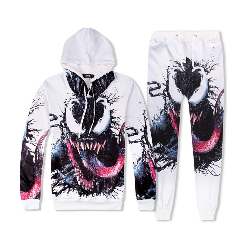 Set mikiny s kapucí a kalhot s digitálním potiskem Žralok Venom - Unisex Podzimní/Zimní Edice pro Pár