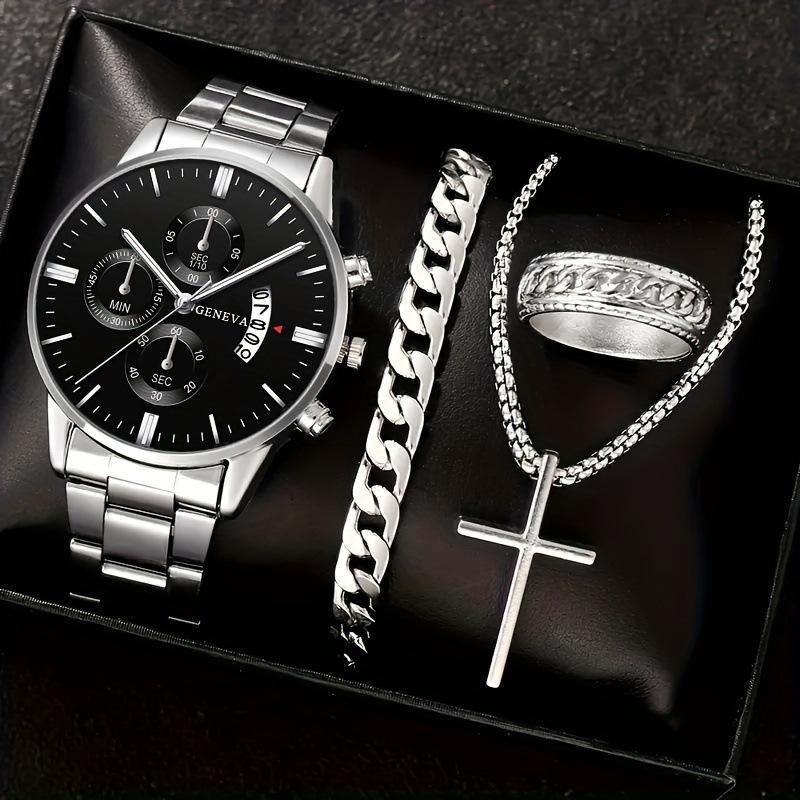 Watch 4-Piece Set, Men S Watch Steel Belt Watch Quartz Watch Fashion Sports Watch Set