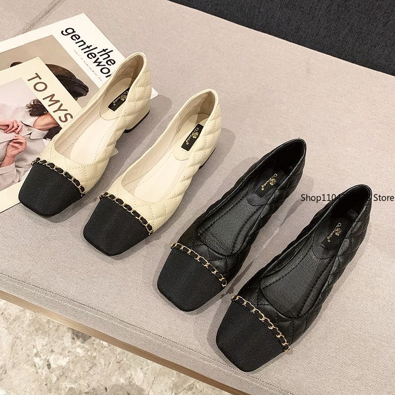 Fashion Office Woman Footwear Beige Fashion Leather Casual Shoes For Women Block Heel Square Toe Low Elegant Popular Vacation Spring Y2k