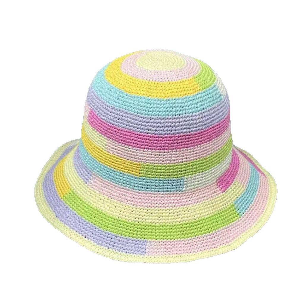Handmade crochet foldable rainbow color matching straw hat women's summer travel sunshade sunscreen beach sun hat