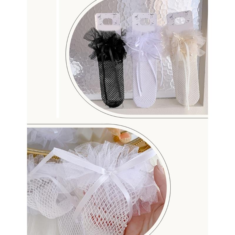 Breathable Lace Sweet Socks for Kids Feature Lovely Bowknot Edges, Lovely Girls In Tube Socks for Summer Outfits