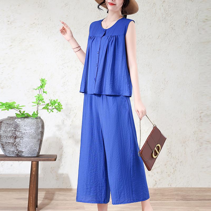 Women's Plus Size 2-Piece Set, Linen-cotton Sleeveless Button Top & Wide Leg Pants (XL-7XL)
