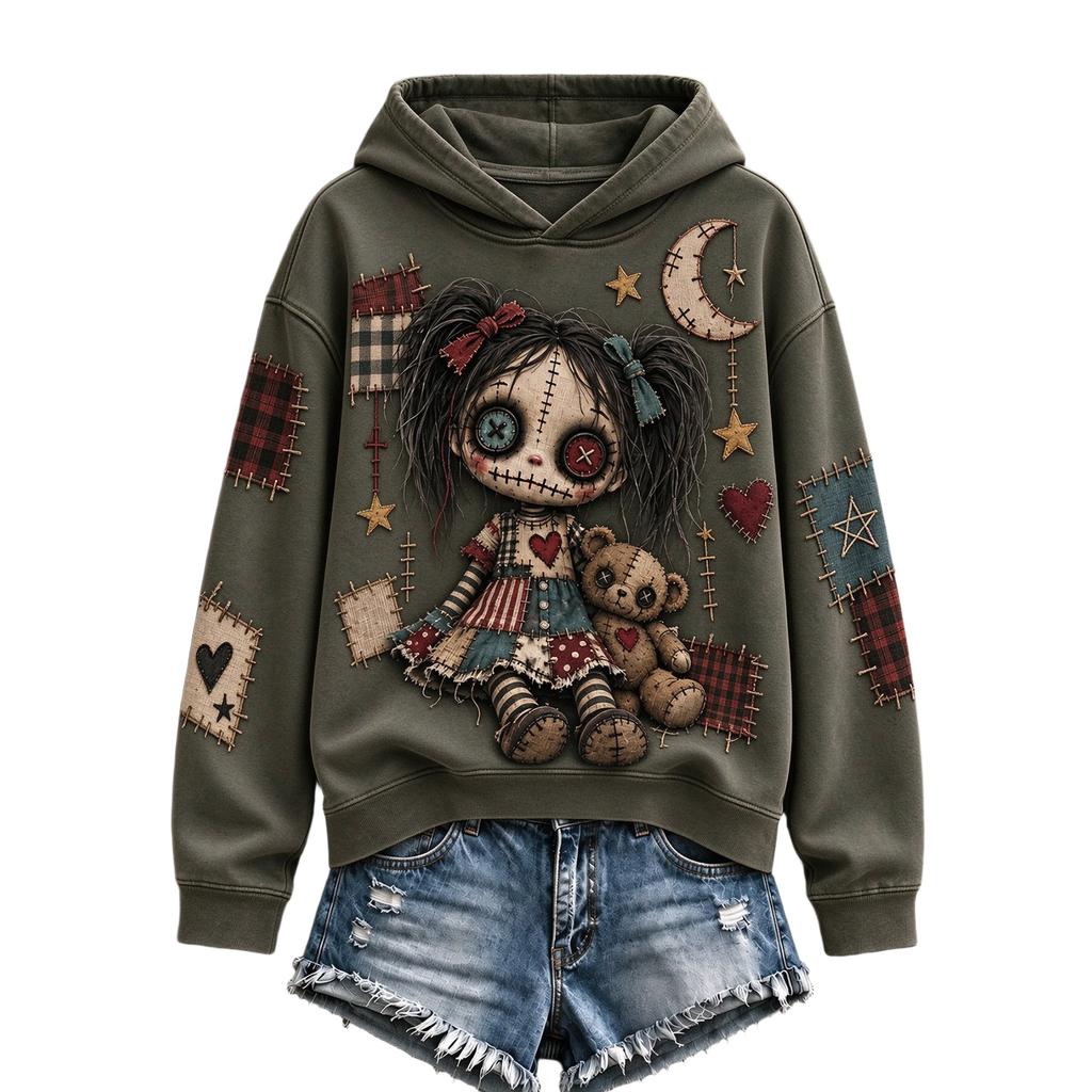 Women's Halloween Gothic Print Hooded Pullover Sweatshirt, Long Sleeve Casual Top