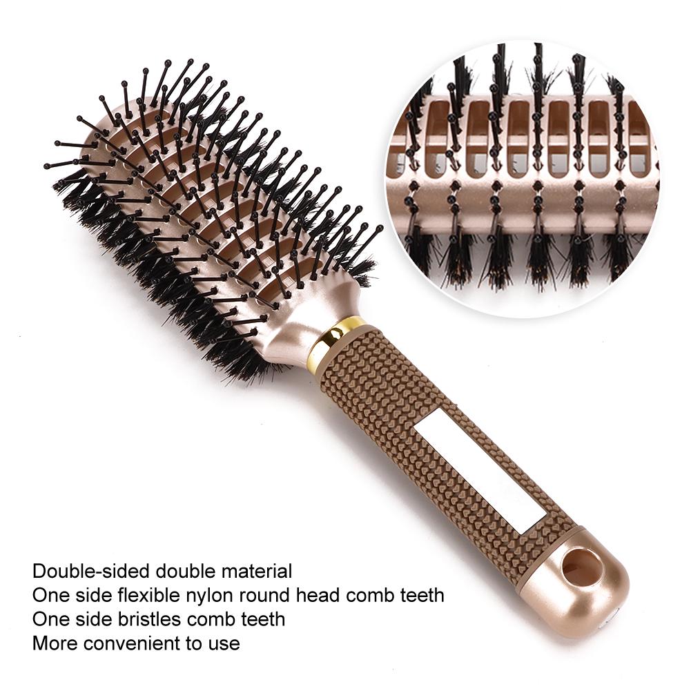 Double Sided Nylon Anti Static Hairdressing Comb Handheld Bristles Hair Styling Comb Gold