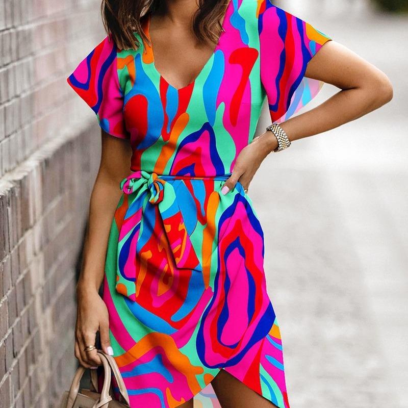 Women's V-Neck Short Sleeve Tie-Waist Floral Print Casual Summer Dress with Asymmetrical Hem