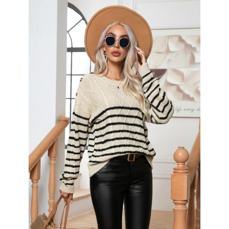 Autumn and Winter Women's Sweater Striped Button Twisted Twist Vintage Long Sleeve Knitwear Pullover Sweater