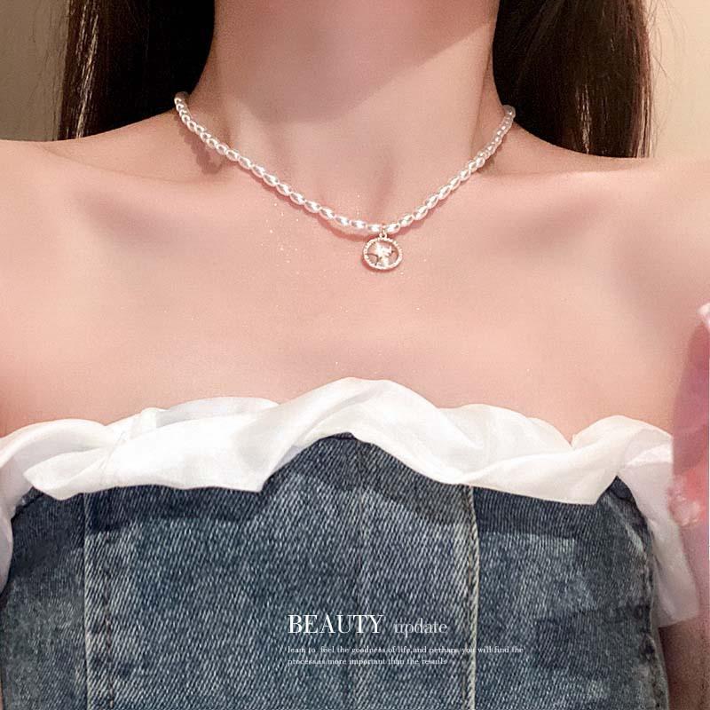 French retro artificial opal love flower pearl necklace collarbone chain Korean necklace women