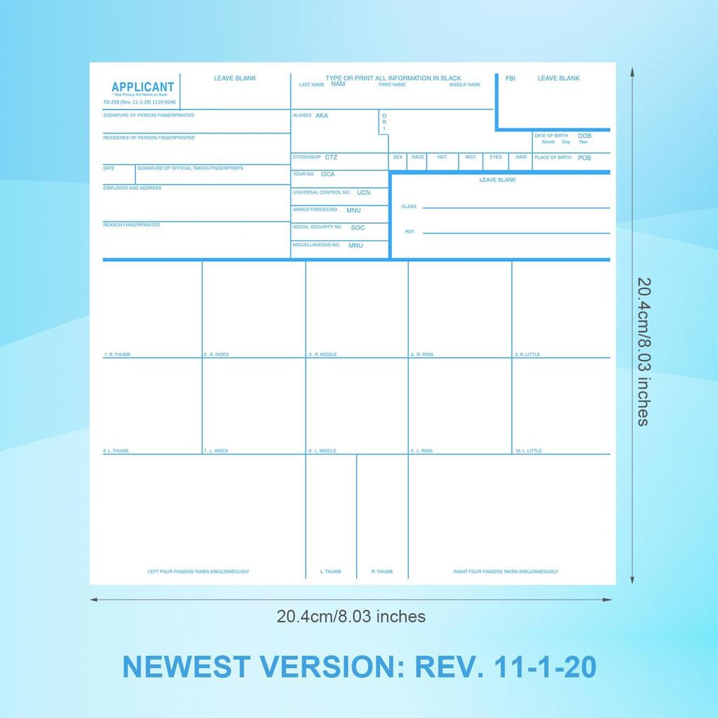 100pcs Fingerprint Cards 2025, Premium Applicant FD-258 Finger Print Cards Legal Paper Supplies Fingerprinting Kit Rev.11-1-20 (8.03x8.03 Inches)