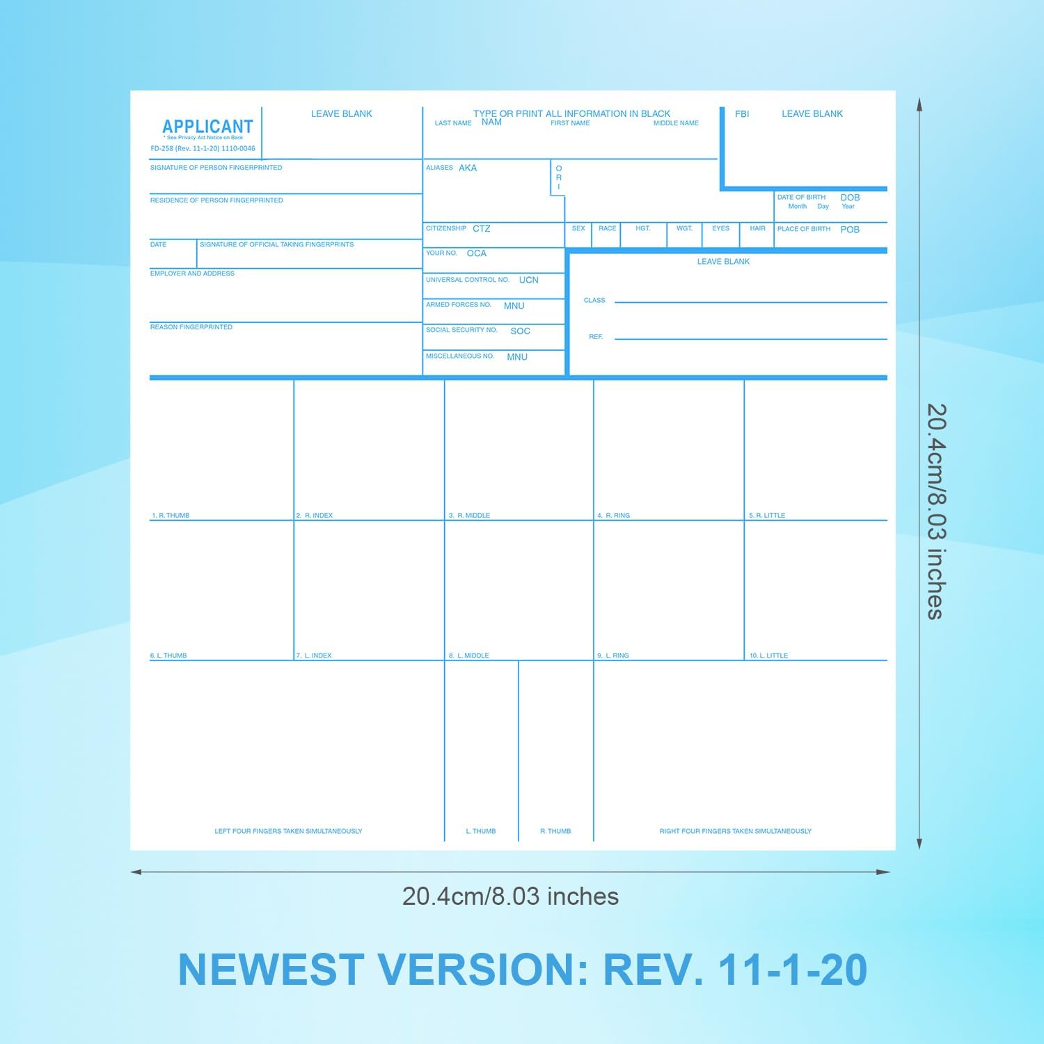 

100 шт. Дактилоскопических карт 2025, Премиум-карт для заявителей FD-258, Юридические бумажные принадлежности, Комплект для дактилоскопии, Ред. 11-1-20 (8.03x8.03 дюймов)