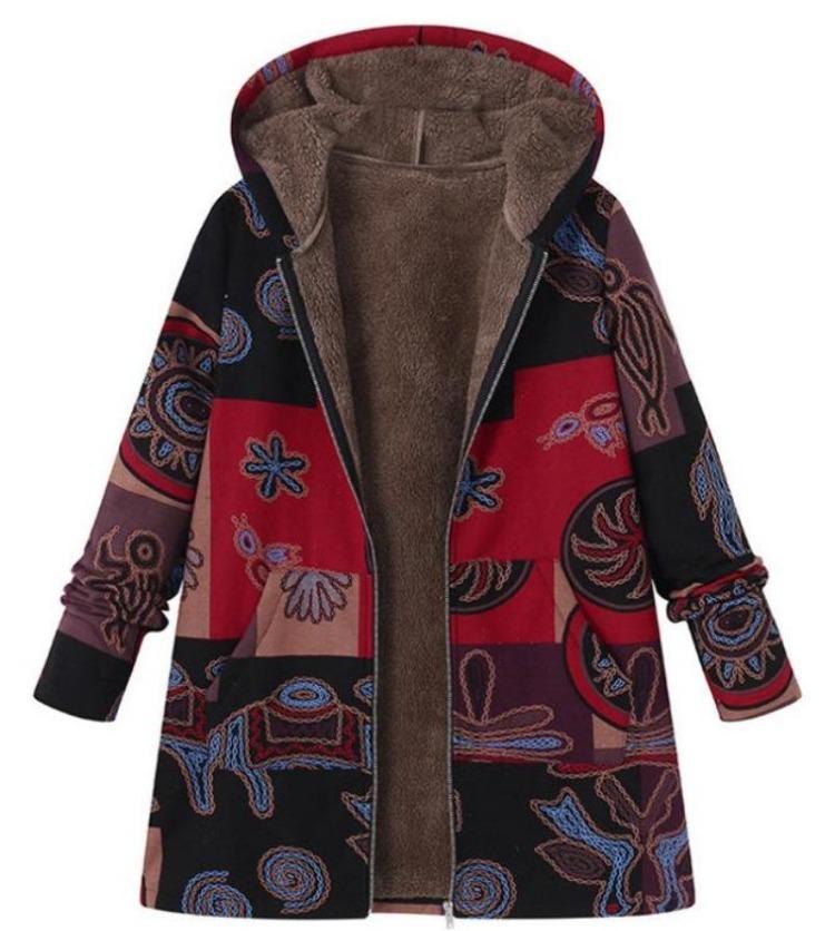 Women Winter Fleece Jacket Vintage Floral Hooded Coat Casual Warm Zipper Outwear Long Sleeve with Pockets