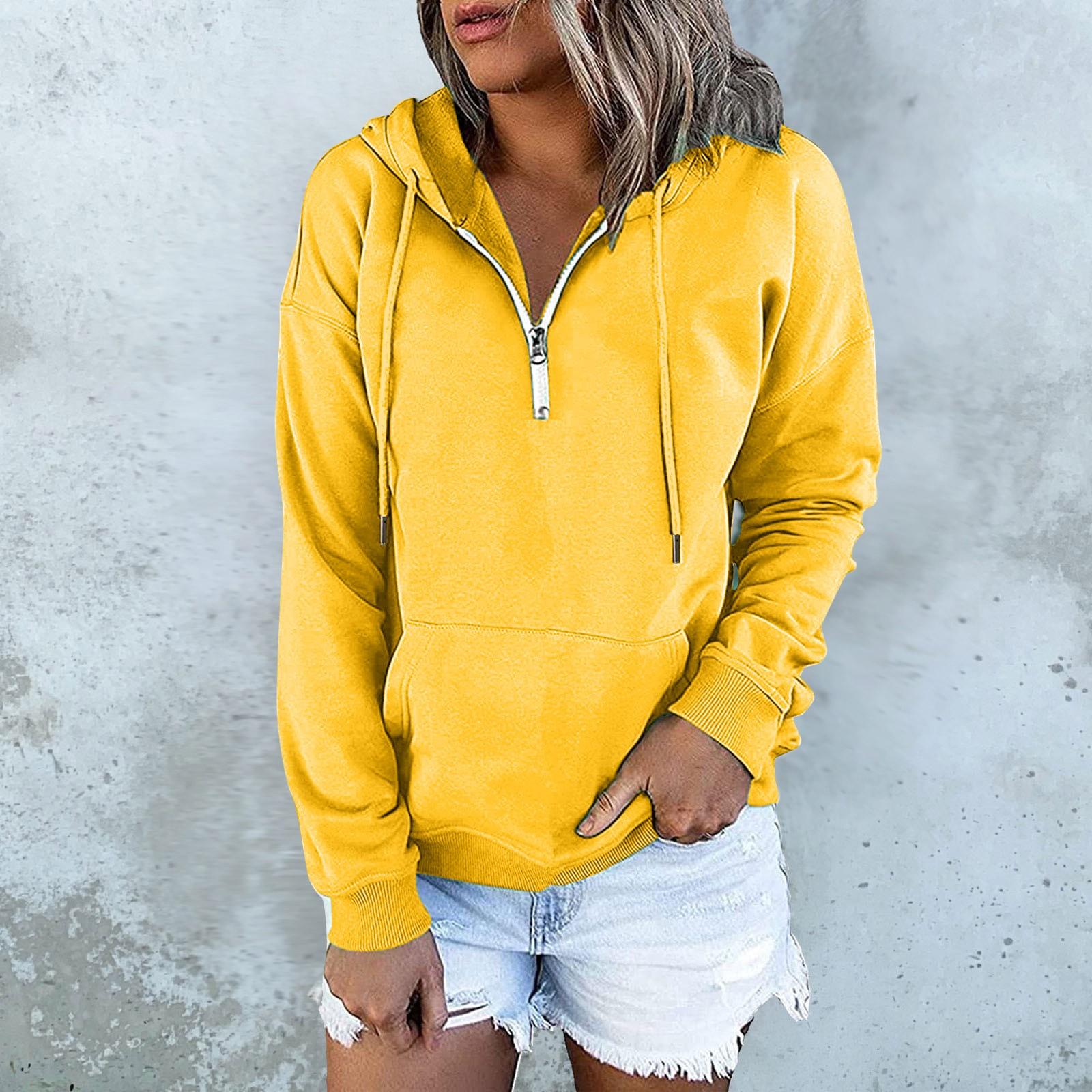 

Женские однотонные пуловеры с капюшоном, повседневные толстовки с карманами на молнии и длинными рукавами S жёлтый
