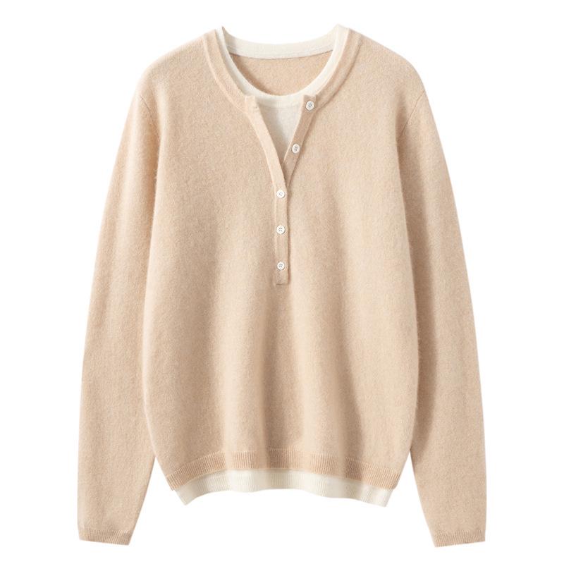 Stylish Women's Faux Two-Piece Cashmere Knit Sweater - Loose, Slimming, Versatile Pullover