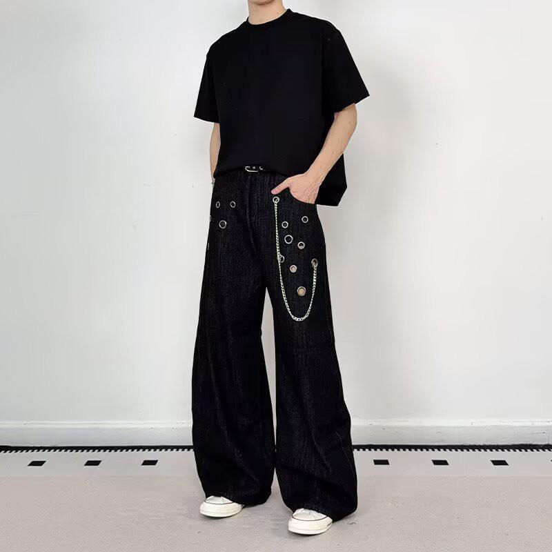 Unisex Loose Fit Straight Leg Denim Pants With Embroidery Detail Mid-Rise Cotton Jeans Daily Wear