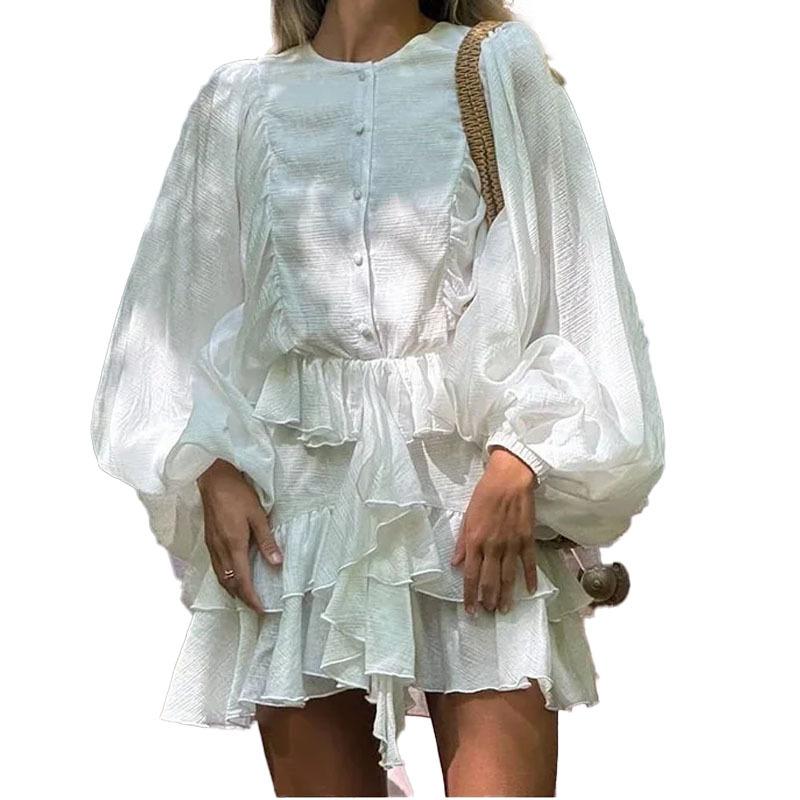 European and American women's clothing, new spring models, elegant temperament, solid color waist model, ruffle edge dress.