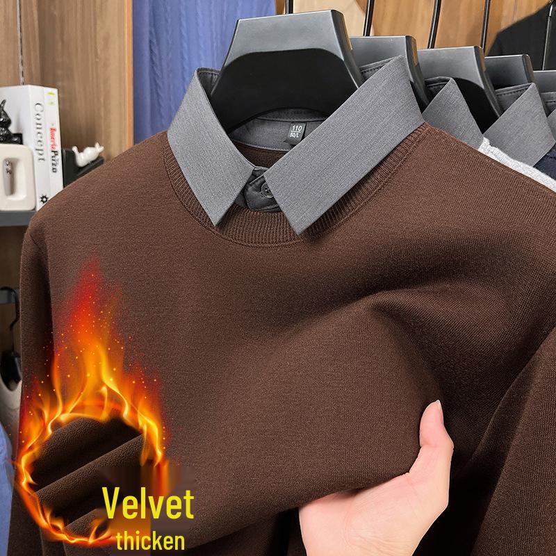

Men s Two-in-One Fleece-Lined Knit Sweater with Shirt Collar for Autumn/Winter 170/L (recommended 120-135 lbs)