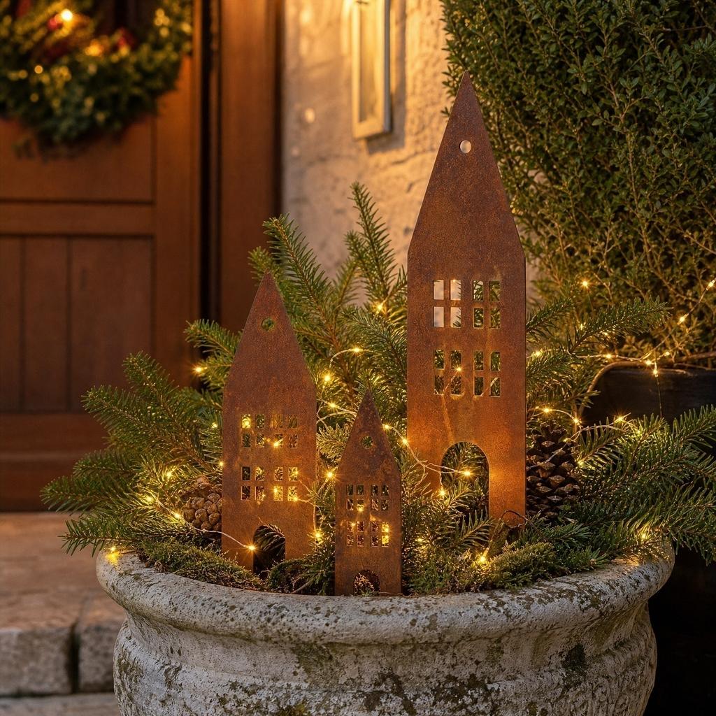 Rustic Metal Garden Stakes Set of Three Castle House Silhouettes Outdoor Decorative Yard Art for Planters and Lawn Display