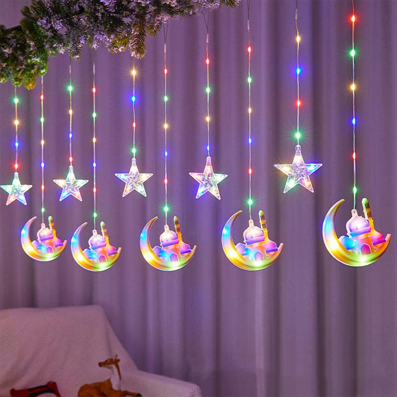 1 stk LED Stjernegardin Dekorativt Lys Måne Slott Lyslenke Fargerikt Lys Blinkende Lyslenke Full av Stjerner Romdekorasjon