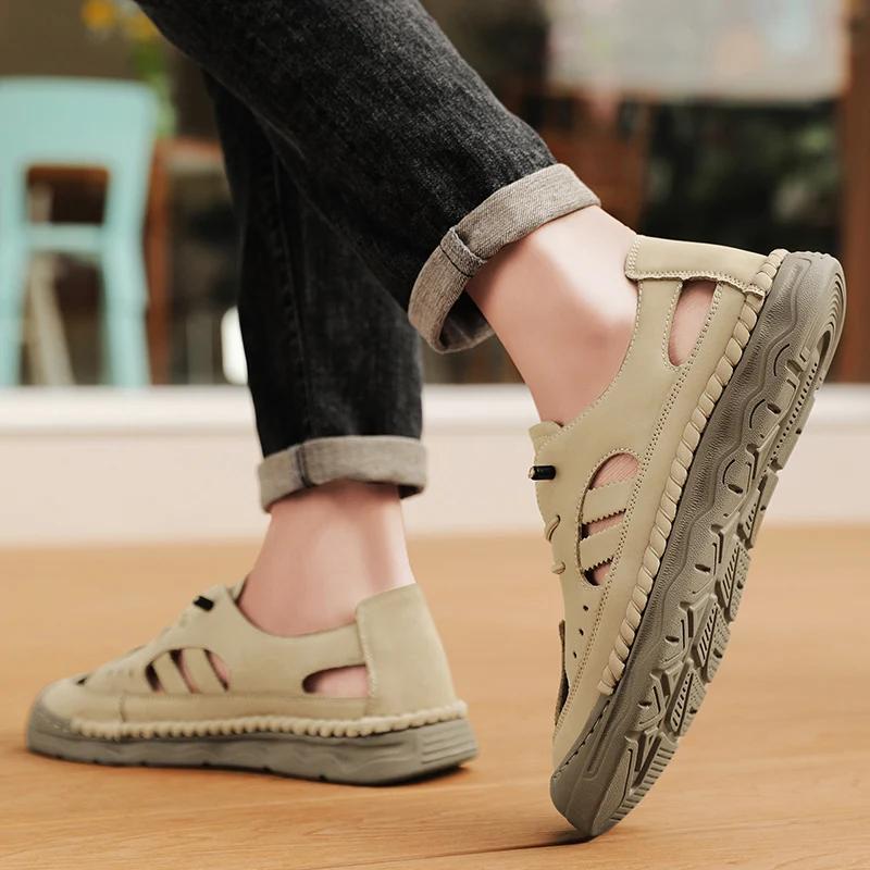 Fashion Men Fashion Summer New Style Leather Sandals Toe Cap Outdoor Sports Hollow Leisure Beach Sandals Man Hand Sewn Thread Mesh Shoes