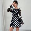 Women Evening Party Flare Sleeve O Neck Backless Mesh  Dot Printed Package Hip One Piece Dress