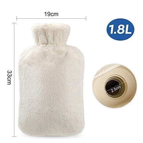 Bouillotte Eau Chaude HOMEALEXA 1,8 Litres avec Caoutchouc Naturel et Housse Fausse Fourrure Beige