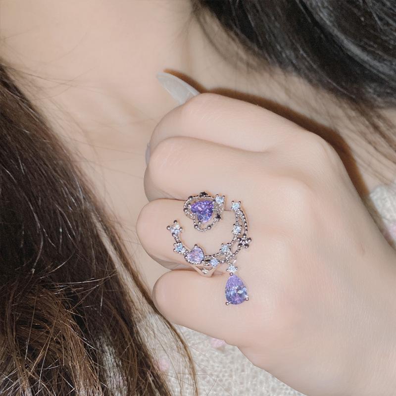 2026 Sea Blue Love Zircon Ring Female, Sweet and Cool Babes Niche Design High-end Trendy and Cool Open Index Finger Ring Resizable