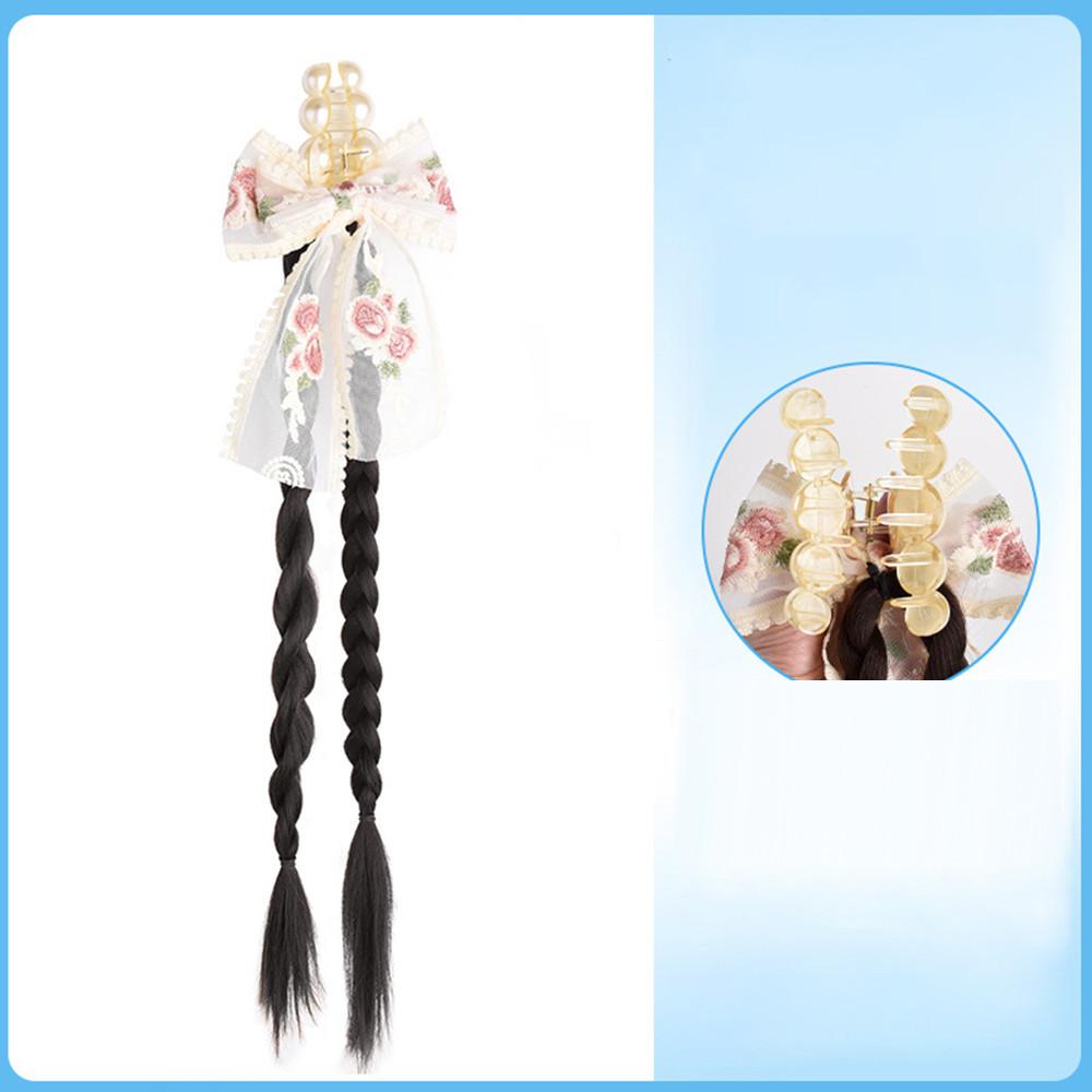 Female Synthetic Wig Lace Flower Bow Tie Tassel Grabbed Clip Wig Natural Fake Twist Ponytail Creative Gentle Versatile Hairstyle
