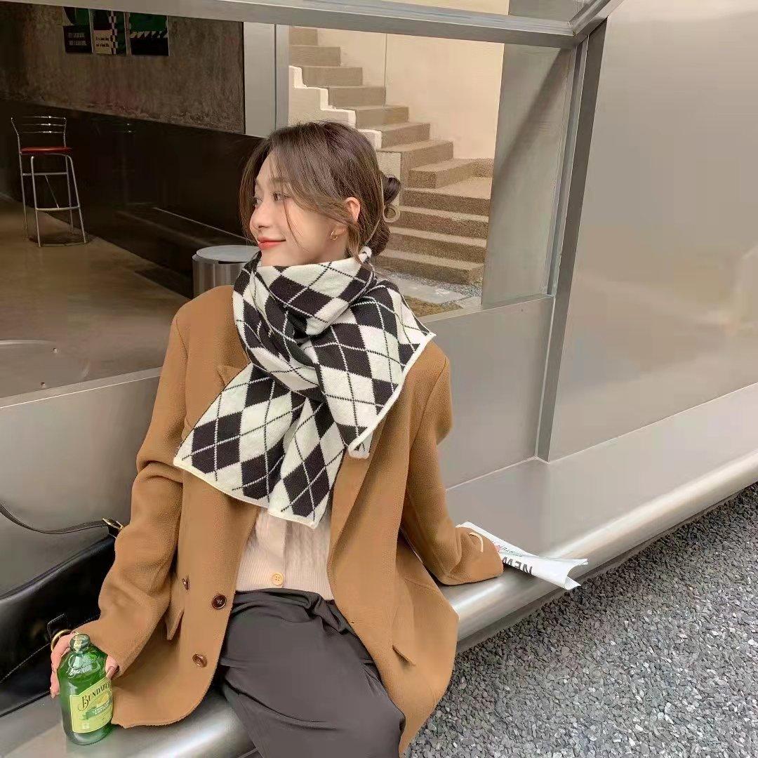 Шарф Женский Зимний Ретро Крупный Ромб Двусторонний Контрастный Цветовой Блокинг Клетка Универсальный Большой Вязаный Шарф Контрастный Дизайн Above 175cm