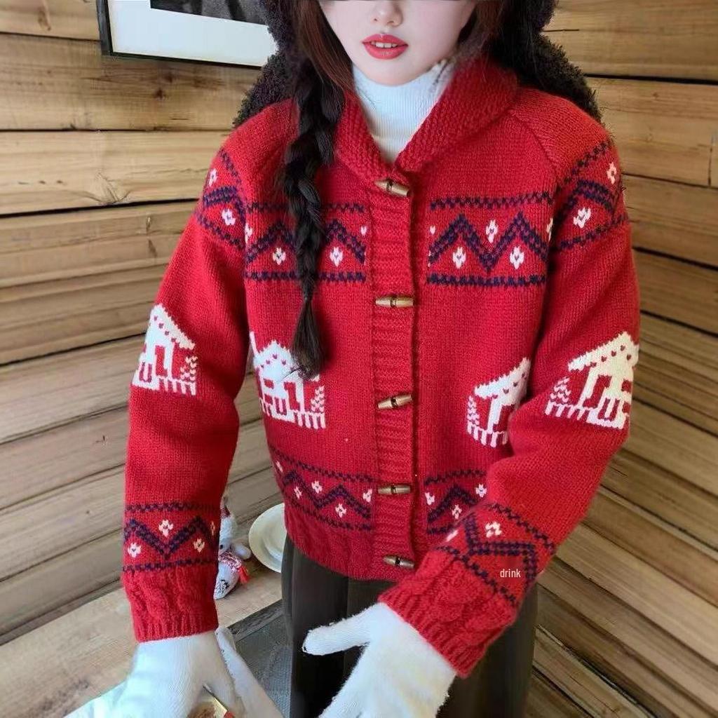 Korean Style Knit Horn-Button Jacquard Sweater Coat - Women's Retro Loose Cardigan for Autumn/Winter