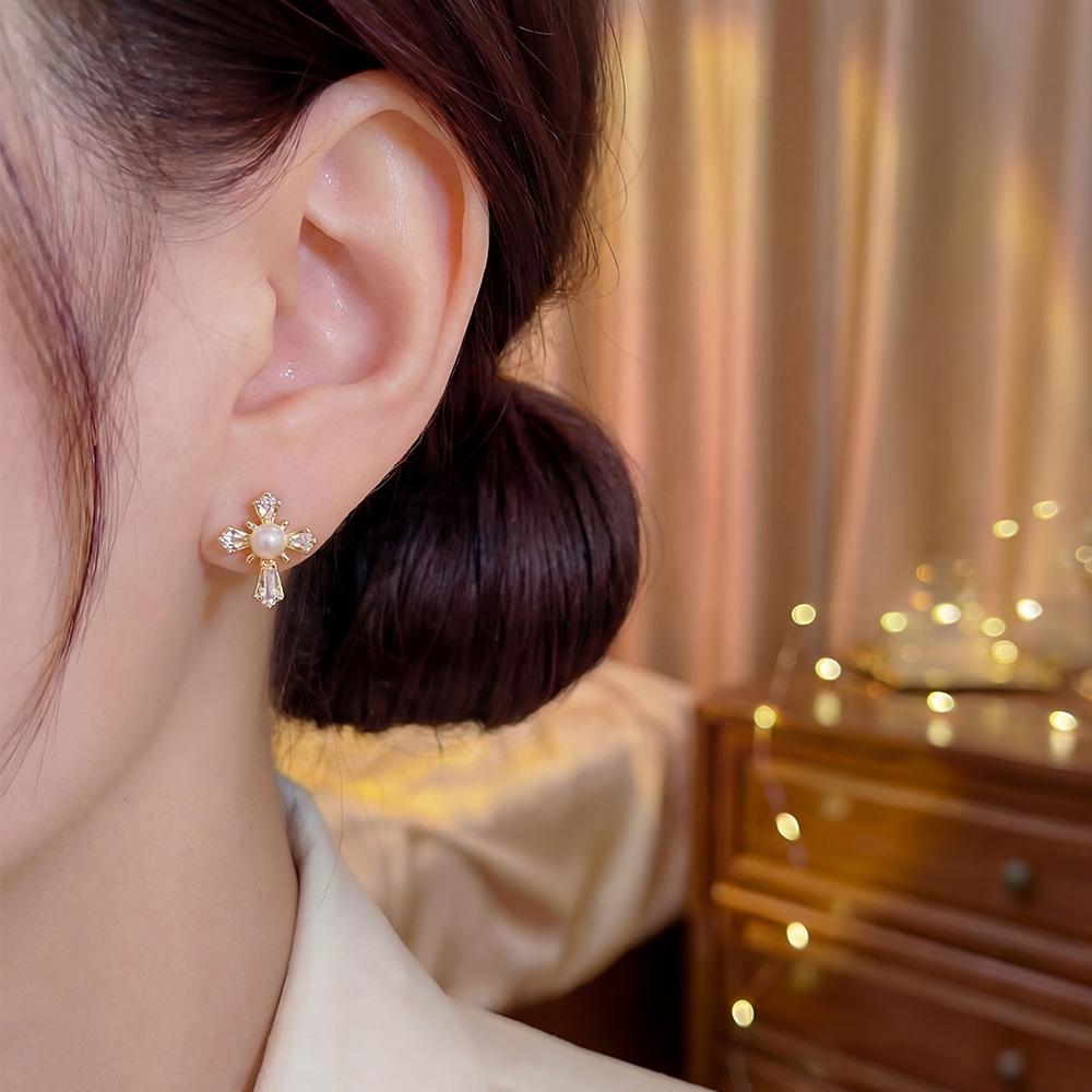 Elegant Rhinestone & Pearl Cross Stud Earrings Set for Women - Three-Piece Luxurious Accessory Collection