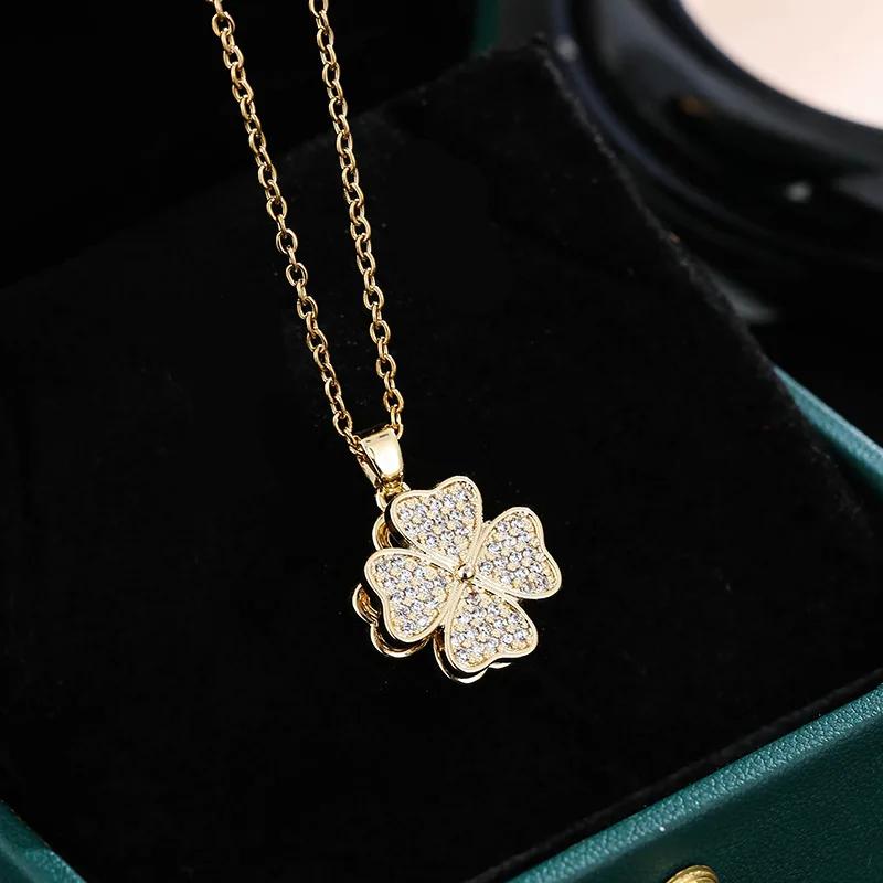 Lucky Fortune Amulet Four Leaf Clover Pendant Necklace 360° Rotation Zircon Decompression Accessories Jewelry Gift for Women