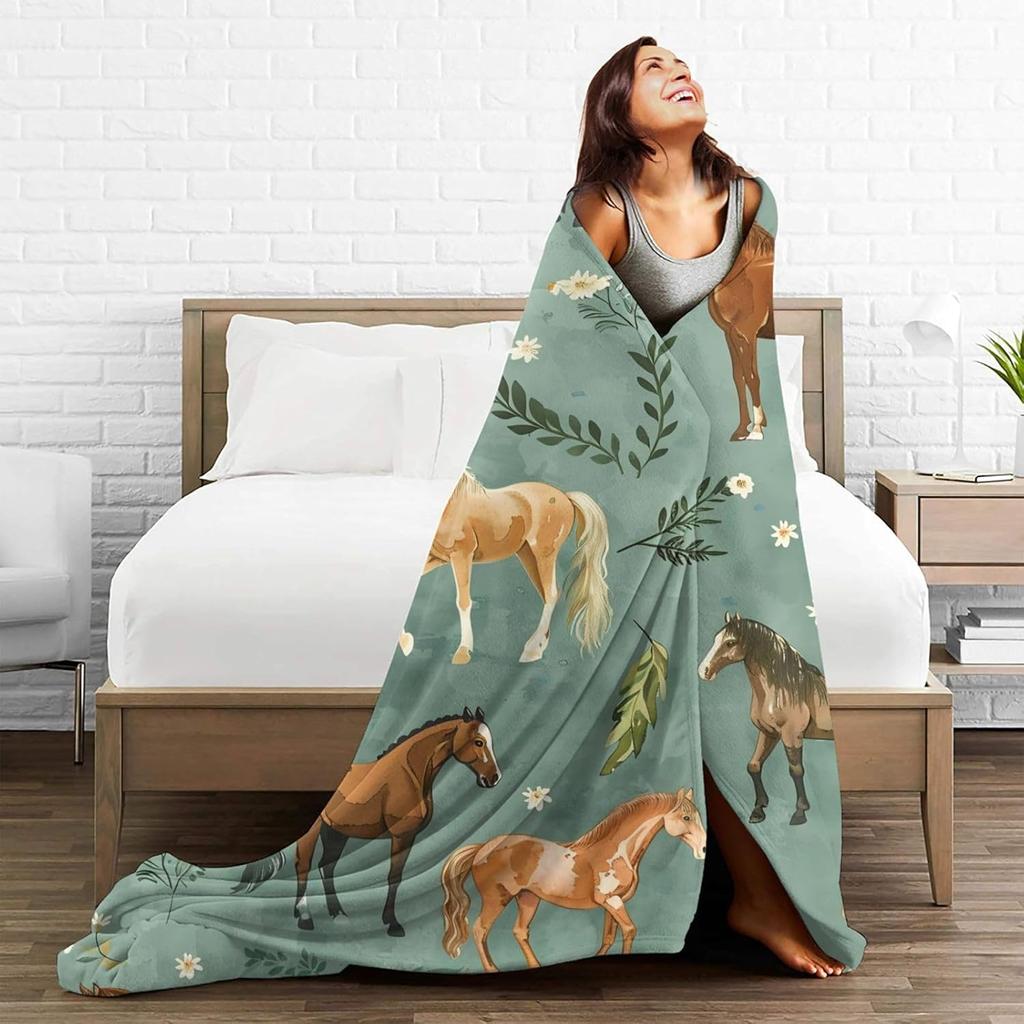 Horse Blanket Cute Horses Flowers Decor Throw Blanket Gifts for Animal Lover Warm Soft Plush Lightweight Fleece Flannel Blanket