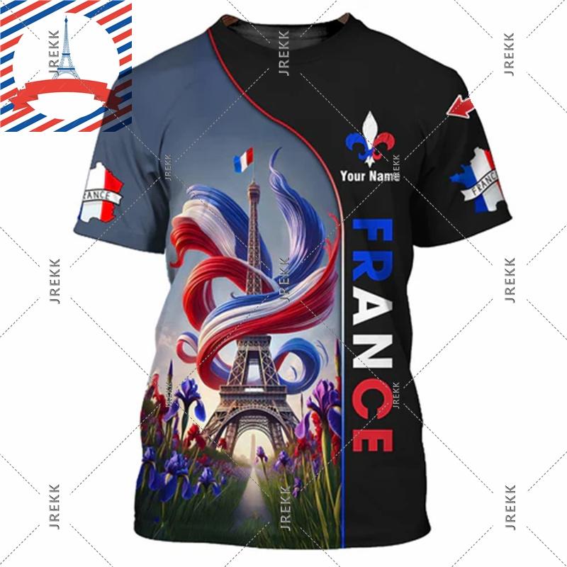 Französisches Flag Football T-Shirt für Herren 3D-Druck Hahn Rundhals-T-Shirts Benutzerdefinierter Name Streetwear Sommer Mode Trend Tee