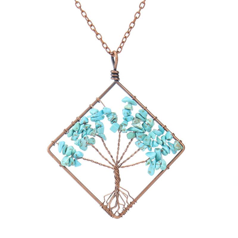 Hand-Wrapped Square Tree Of Life Necklace Natural Irregular Gravel Crystal Necklace N09