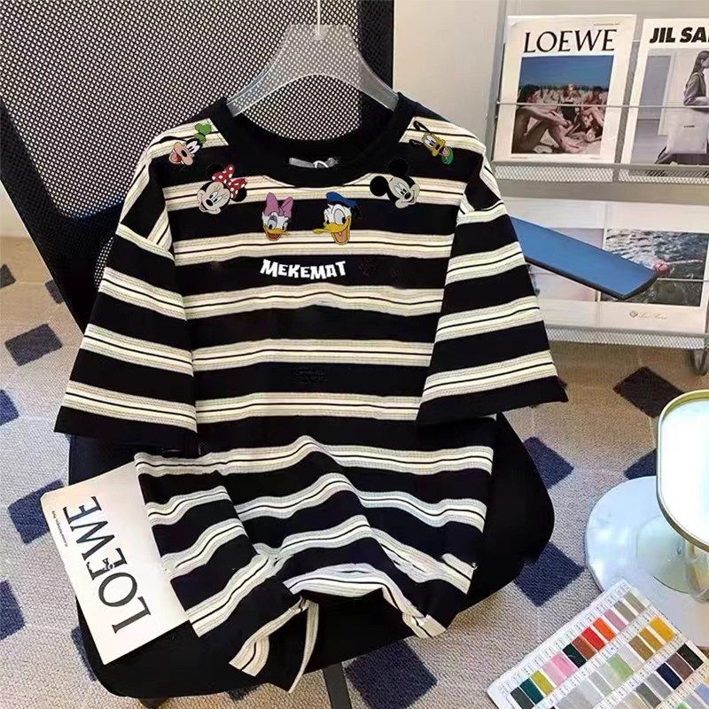 

Fat Sister 100.00kg Plus Size Korean Cartoon Slimming Youthful-Looking Stripes Short Sleeve Tops Women s Summer Loose Slim Fit T-shirt Black Stripes M