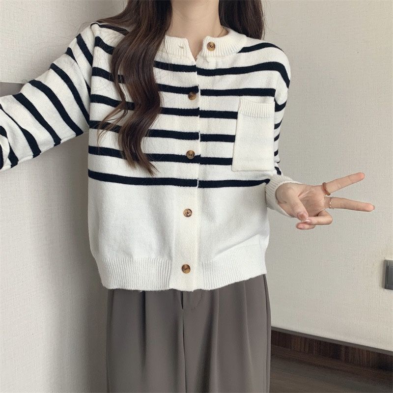 Japonský měkký lepkavý svetr do O Neck Dámský proužkovaný kardigan 2023 jarní volný pletený svetr s dlouhým rukávem dámský kardigan kabát top