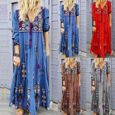 Women Plus Size V Neck Print  Long Sleeve Boho Dress Party Maxi Dress