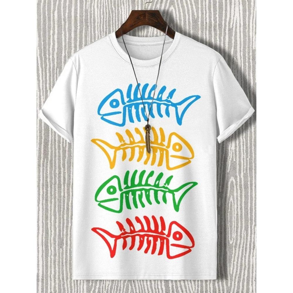 Men's Colorful Fishbone Print Casual T-Shirt Funny Young Boy Summer Short Sleeve Chic Tops Daily Life O-neck Tunic