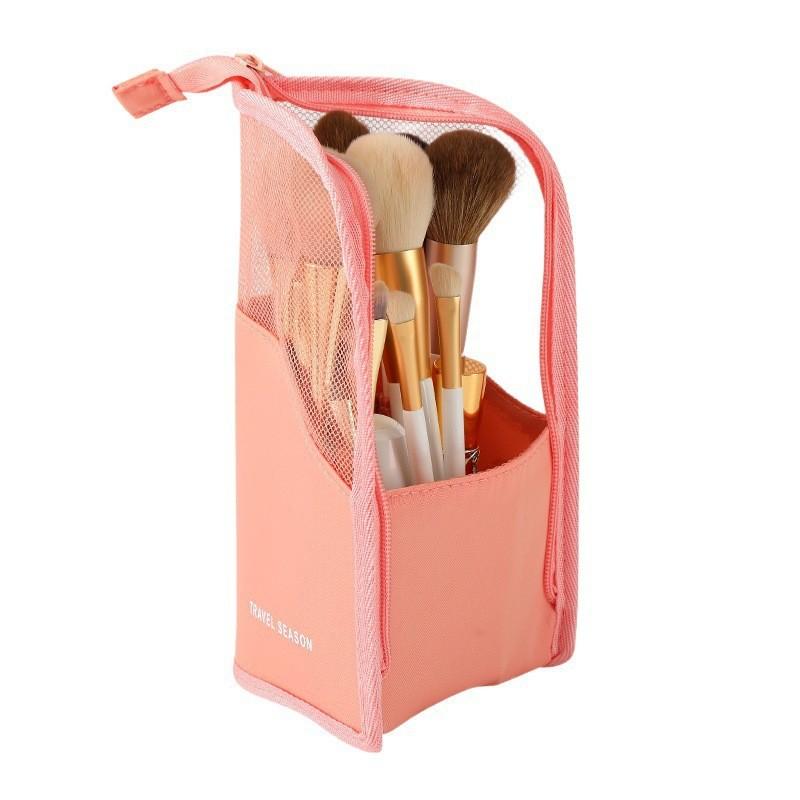 Portable Cosmetic Storage Bag With Mesh Panel For Travel And Desk Organization