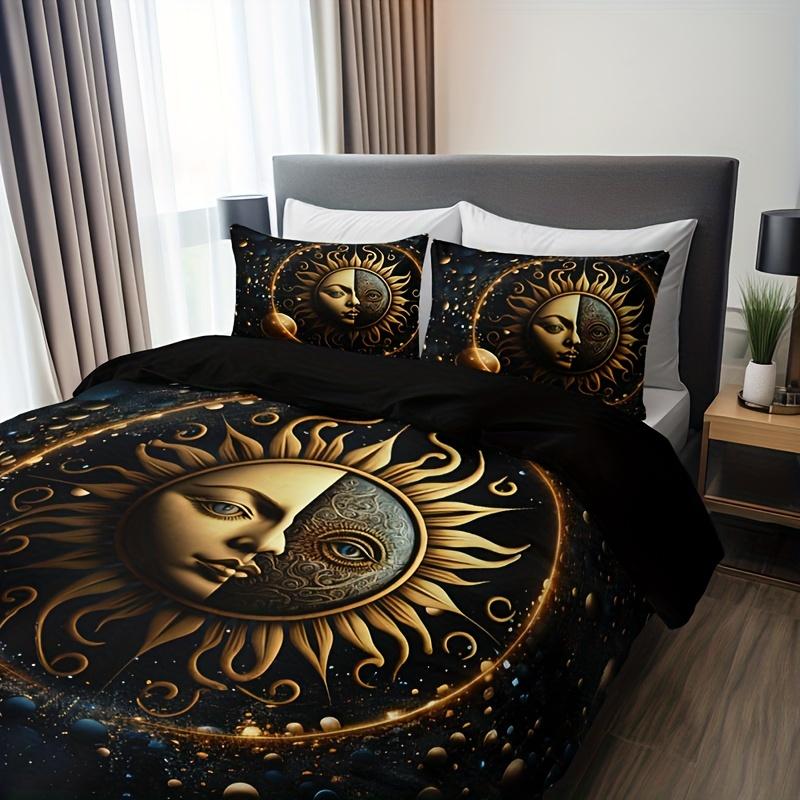 Celestial Sun Moon Stars Duvet Cover Set Golden Printed Bedding Set For Home Decor Includes 1 Duvet Cover And 2 Pillowcases