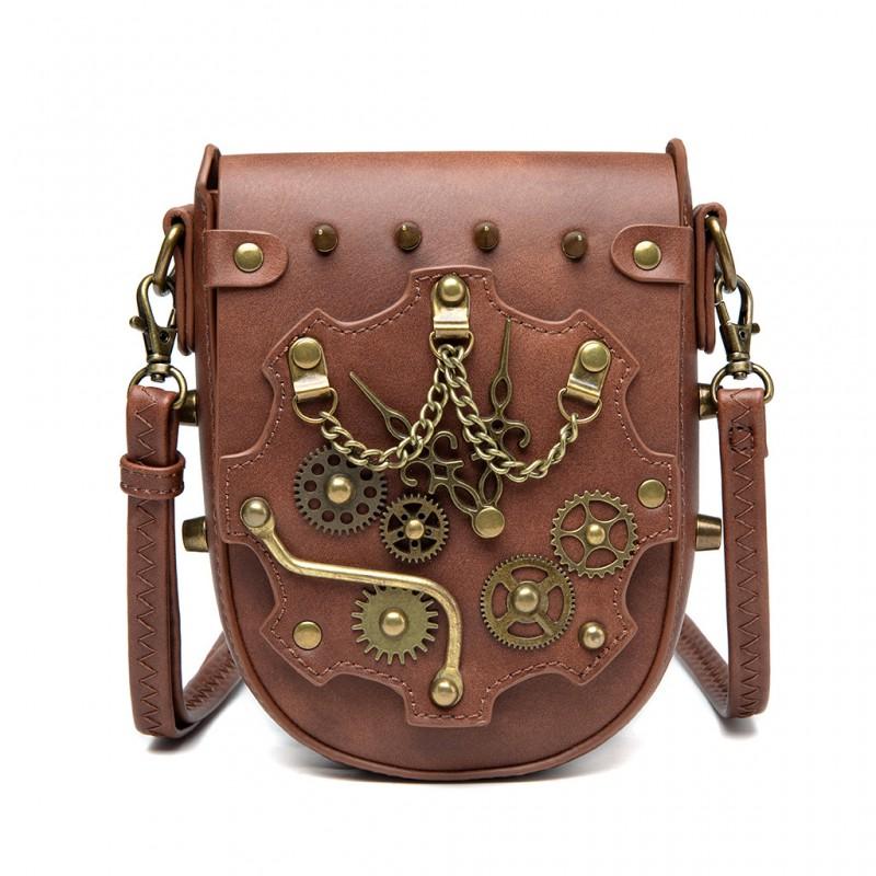 Steampunk Vintage Mini Square Crossbody Bag Women PU Leather Rivet Chain Detail Zip Phone Pocket