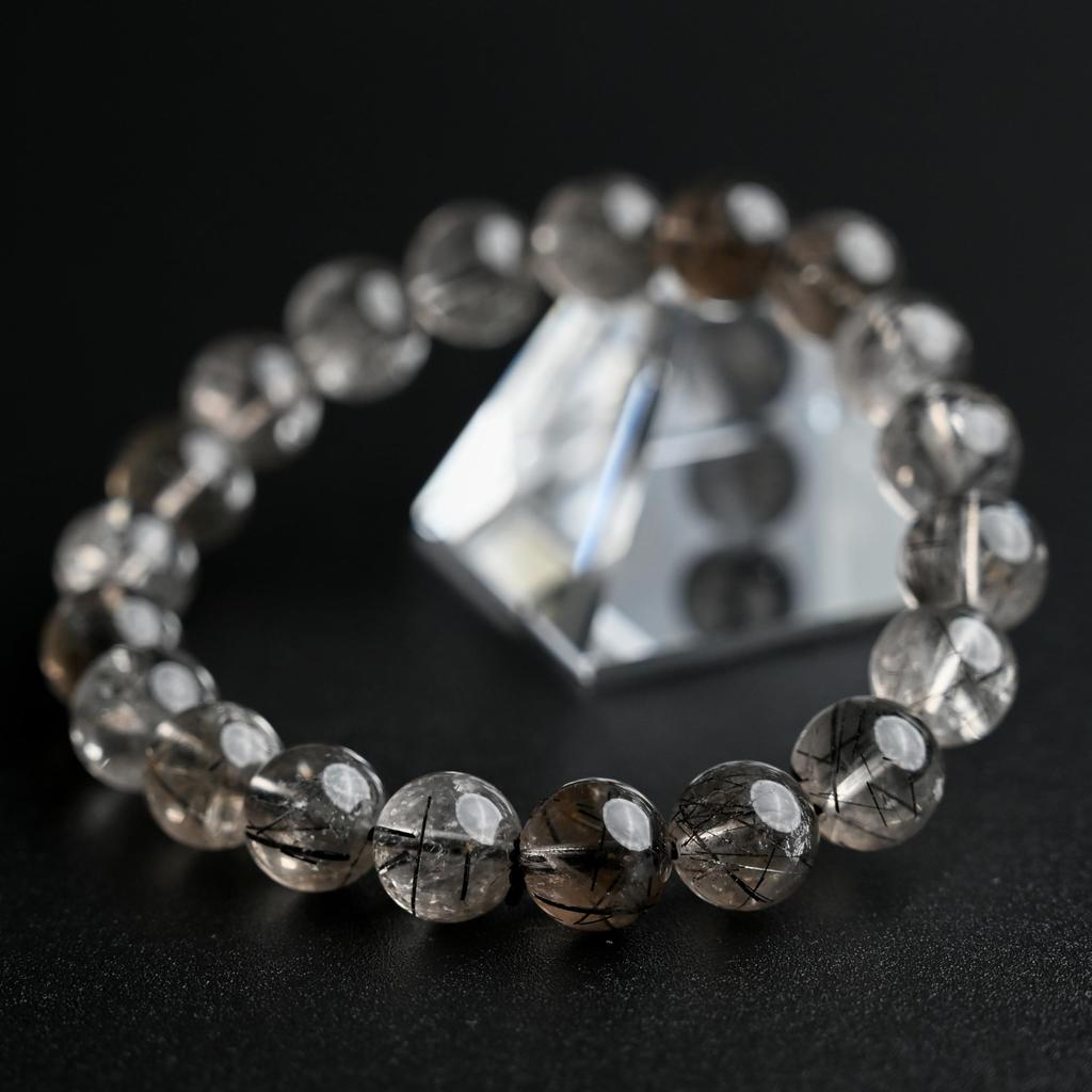 Brățară Cuarț Rutilat Fumuriu Negru Turmalină în 16cm Încheietură Putere Naturală Limitată Rugăciune Noroc Feng Shui [Eigado] (Cuarț Negru), Piatră de 9,5 mm,