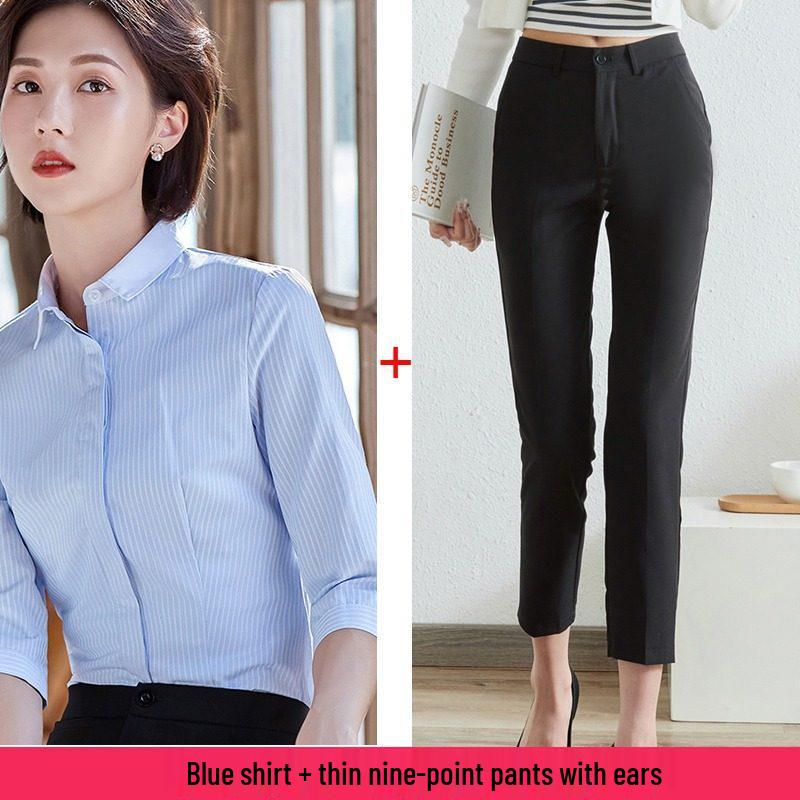 Women's Blue Striped Slim-Fit Work Shirt with Mid-Length Sleeves for Spring/Summer