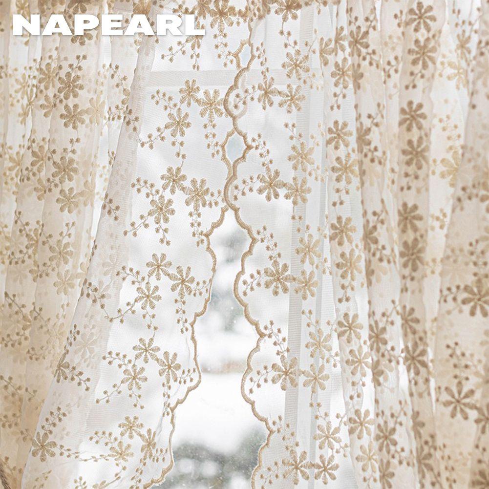 1PC NAPEARL Flower Embroidery Lace Sheer Curtain French Countryside Cream Style Half Curtain for Bedroom Living Room Window Showcase Home Decor