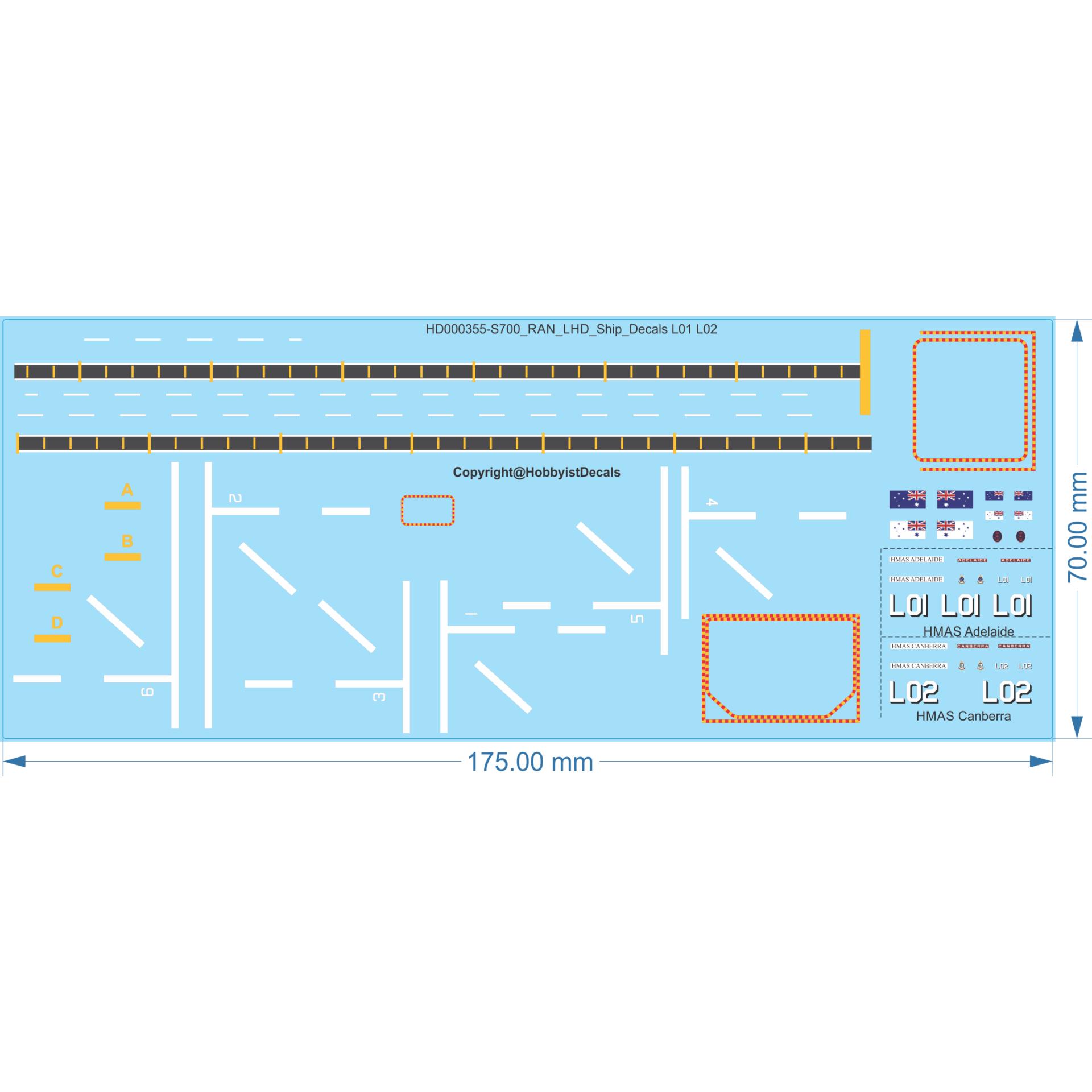 ADF RAN LHD HMAS Adelaide L01 & HMAS Canberra L02 - 1/700 - Water Decal - Waterslide, 1/700 - Waterslide, 1/700
