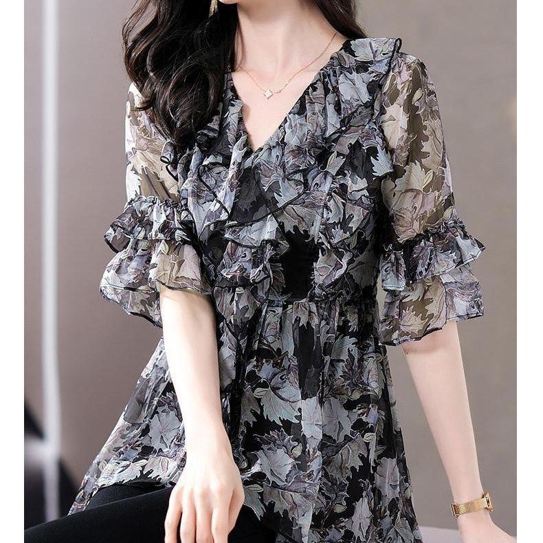 Loose Floral Print Chiffon Shirt for Women French Black Top Spring/Summer New Mom V-neck Bottoming Blouse M-4XL